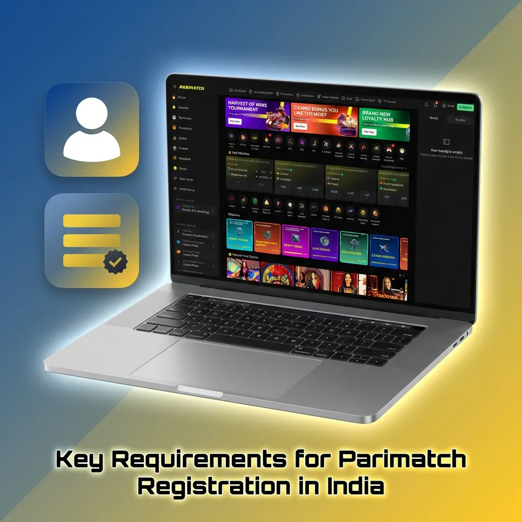 Infographic listing key requirements for Parimatch registration in India, including age, KYC, and single account rules