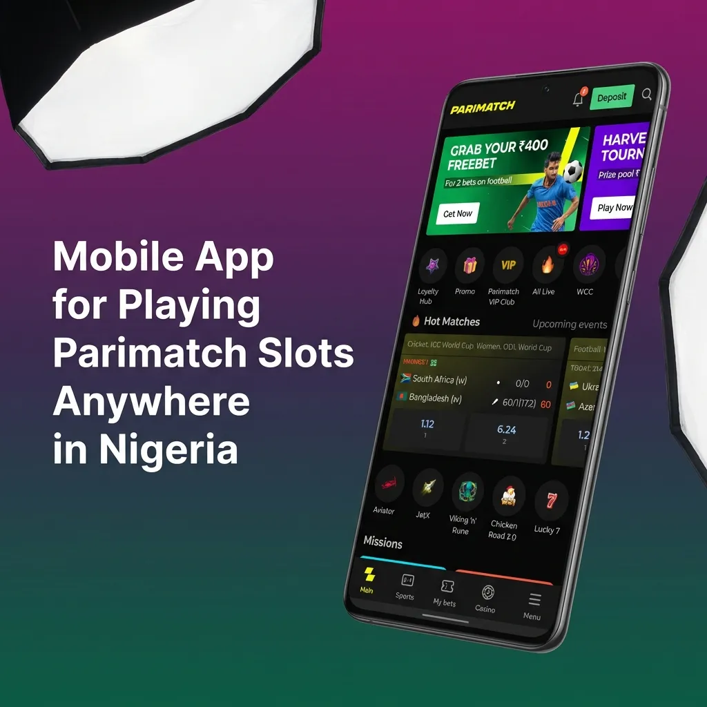Smartphone screen showing Parimatch slots app with clean casino lobby, filters, and game search visible.