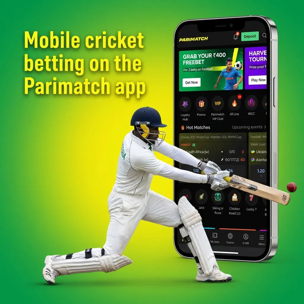 Nigerian user holding phone showing Parimatch app cricket betting screen with live odds and match options