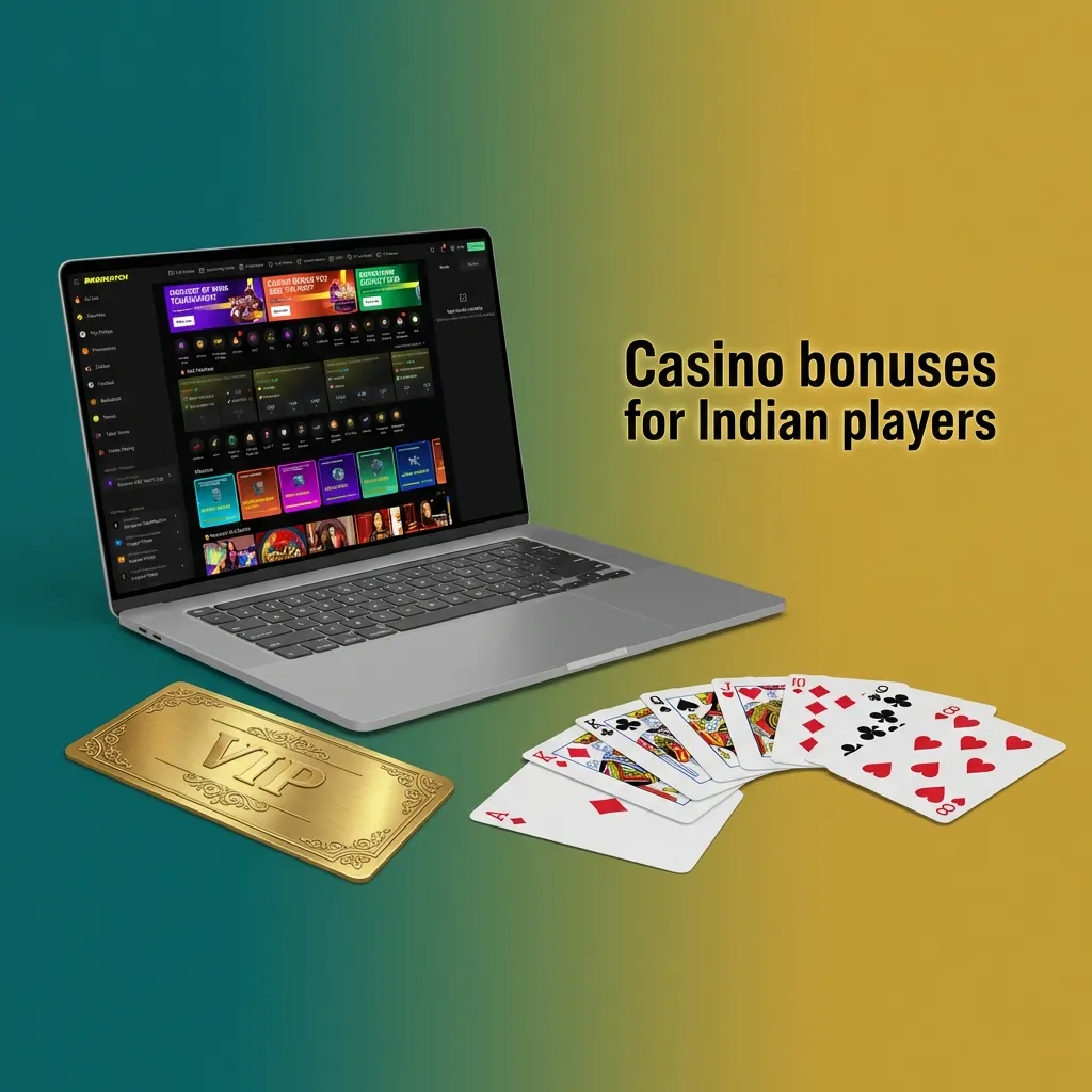 Colorful casino banner titled “Casino bonuses for Indian players” with icons for slots, reloads, free spins, and live cashback