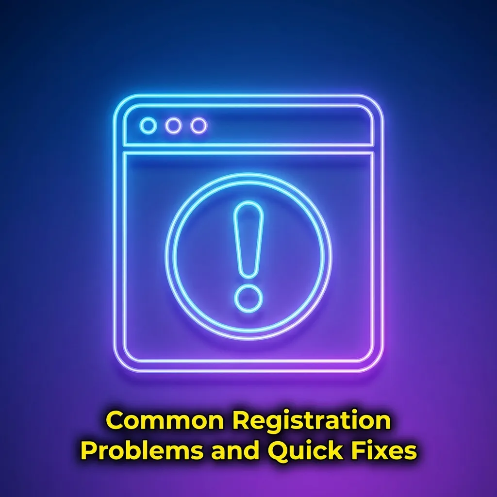 Illustrated checklist of common registration errors with brief bullet-point solutions and support contact reminder