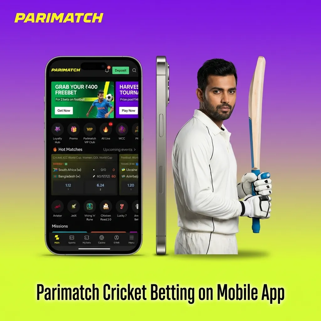 Smartphone showing Parimatch cricket betting app with live odds, match list, and casino tab visible on screen