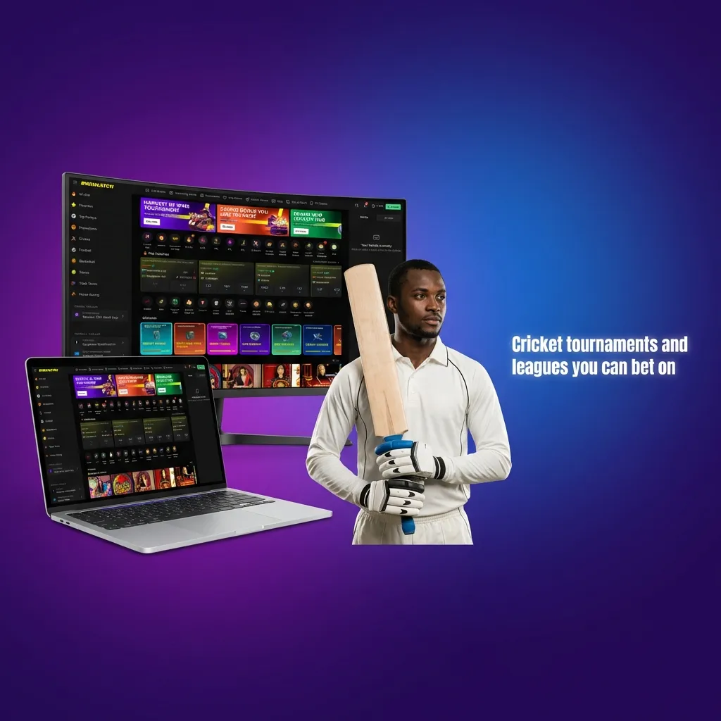 Illustration of a cricket batsman and stumps beside a smartphone showing betting odds and match options