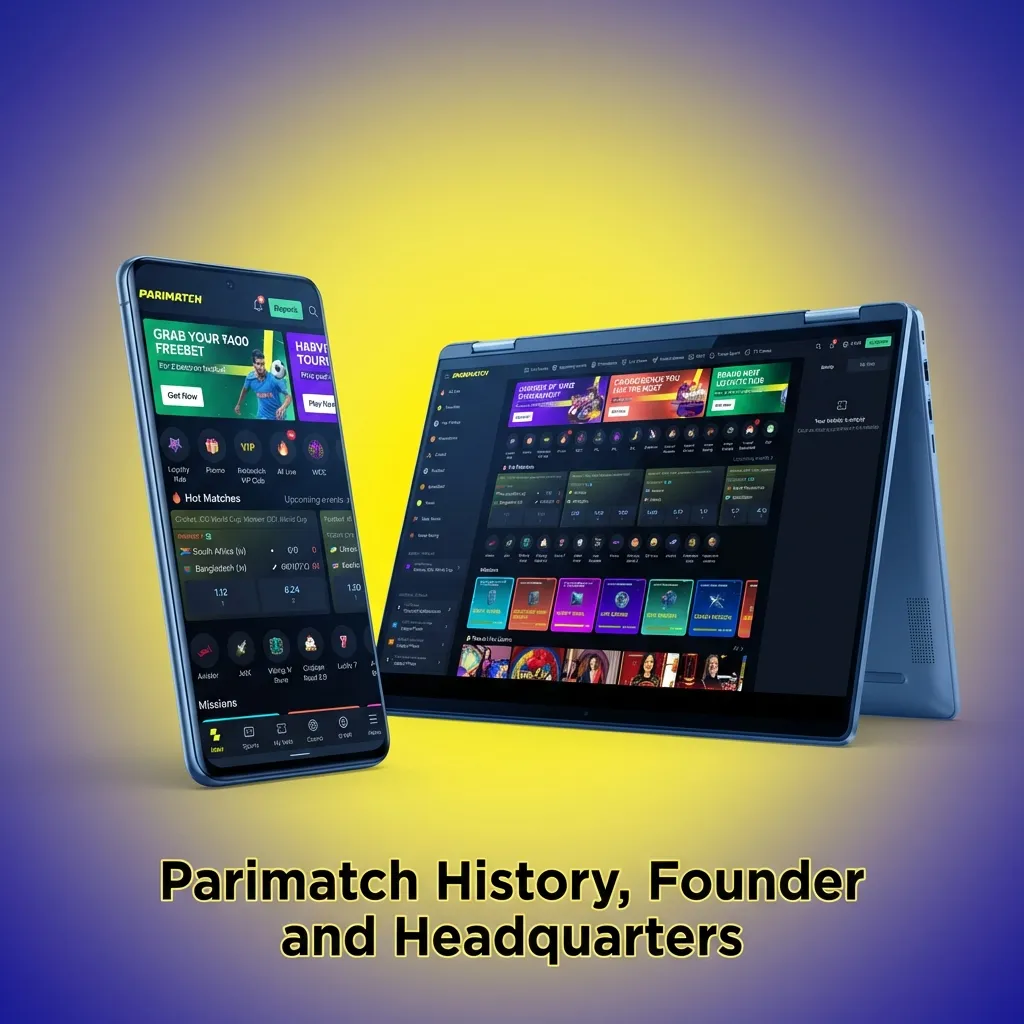 Infographic titled “Parimatch History” showing 1994 launch, founder Sergey Portnov, and Limassol, Cyprus headquarters location