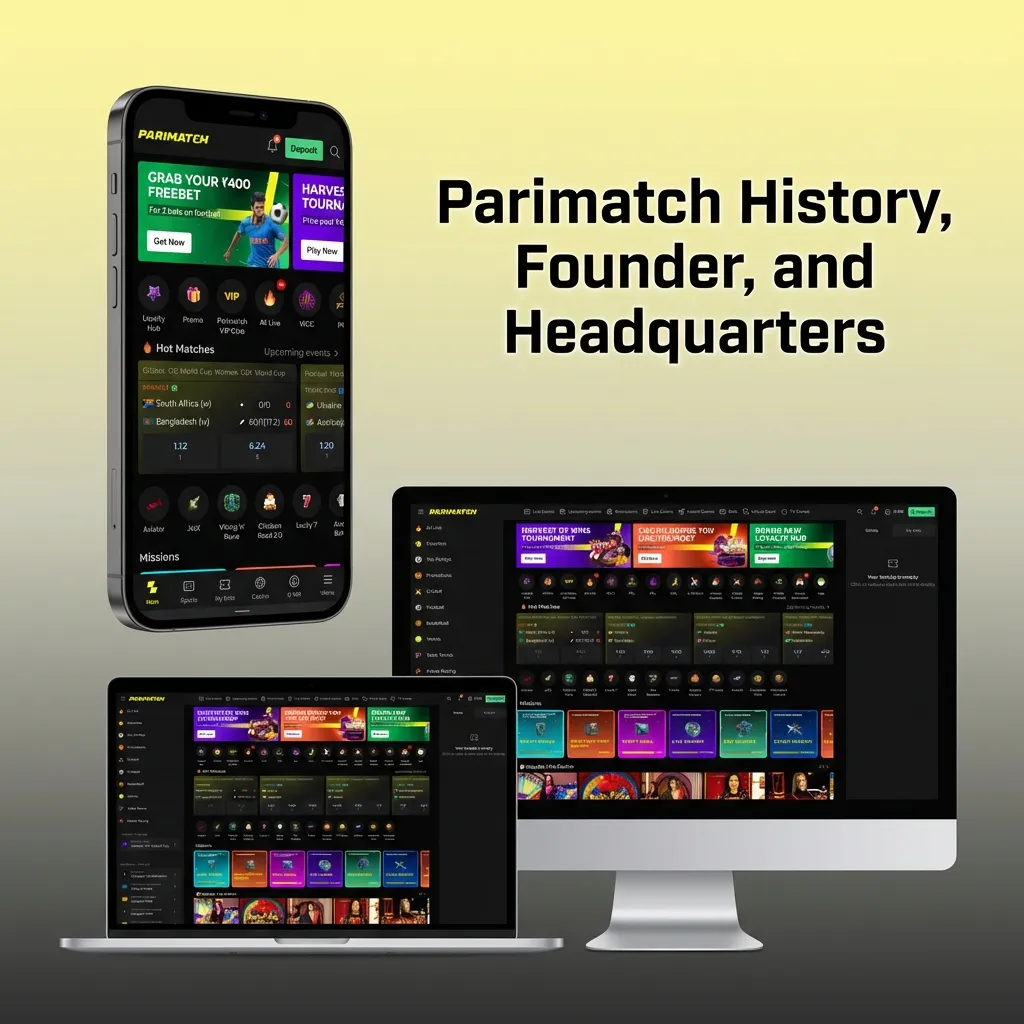 Graphic showing Parimatch timeline, founder Sergiy Portnov, and Limassol, Cyprus headquarters on a global map