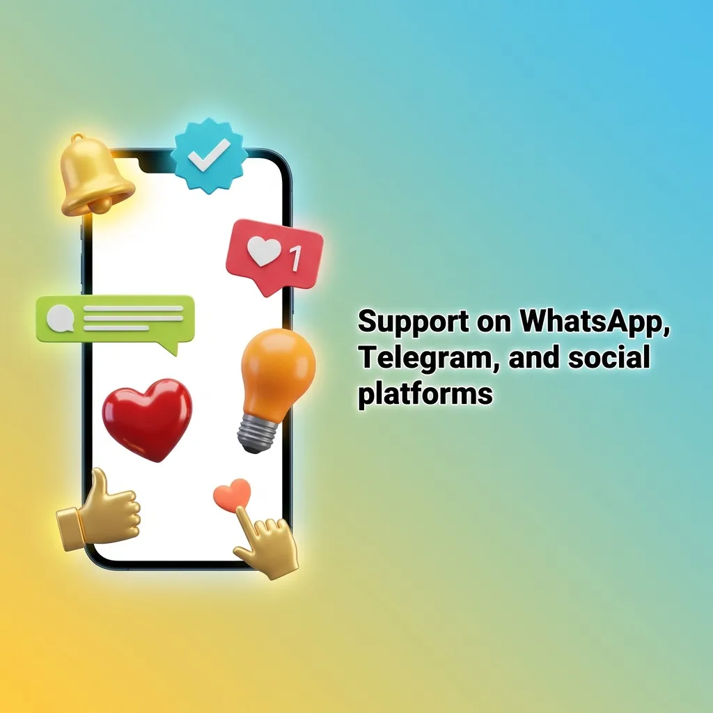 Illustration of a phone with WhatsApp, Telegram, and social media icons used for quick support and chat-based help.