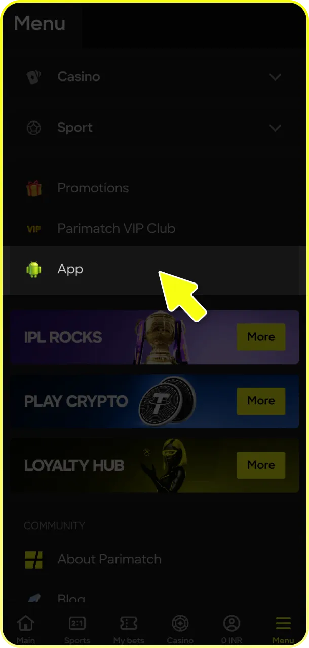 Access the pop-up menu to start your Parimatch App download.