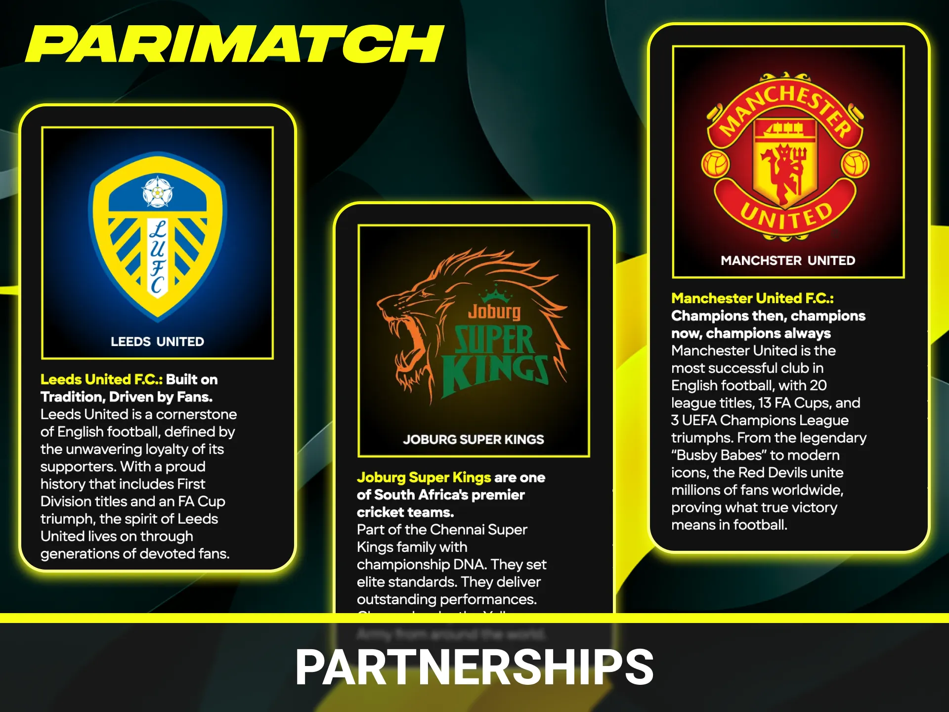 View the official Parimatch partnerships with world-class sports teams.
